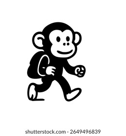Macaco de desenho animado bonito com mochila, andando