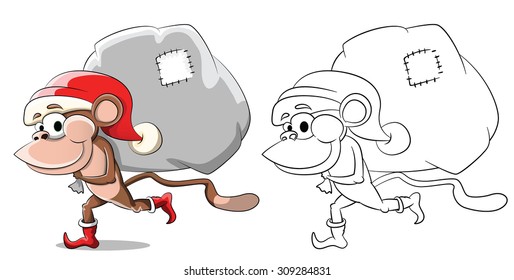 Cute cartoon monkey with bag of presents