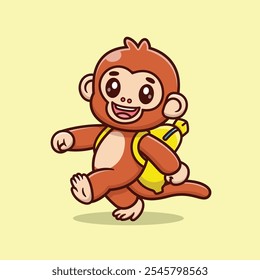 Cute Cartoon Monkey With Banana Bag Vector Icon Illustration. Animal Nature Icon Concept Isolated Premium Vector. Animals Cartoon Style.