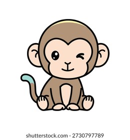Cute cartoon monkey with blue tail sitting and winking brown