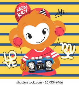 Cute cartoon monkey boy wearing red hat listening to music with boombox and headphones on blue and yellow striped background illustration vector.