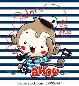 Cute cartoon monkey boy wearing sailor hat and holding steering wheel with a pipe on blue and white striped background illustration vector.