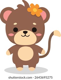 A cute cartoon monkey with brown fur, pink cheeks, and a bright orange flower on its head. It has a curled tail and a light tan belly.