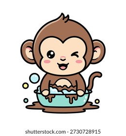 Cute cartoon monkey with brown fur eating blue cake with colorful bubbles around