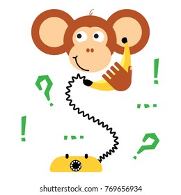 Cute cartoon monkey calling banana phone vector tee print. Fun kid apparel design template.