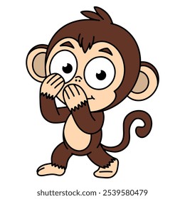 Personagem bonito macaco de desenhos animados cobrindo sua boca com ambas as mãos. Ideal para materiais infantis, designs divertidos ou projetos que precisam de um caráter animal divertido e expressivo. Imagem vetorial.