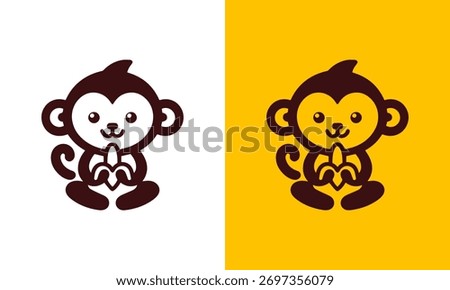 Cute cartoon monkey character holding a banana presented in two color variations for versatile design use