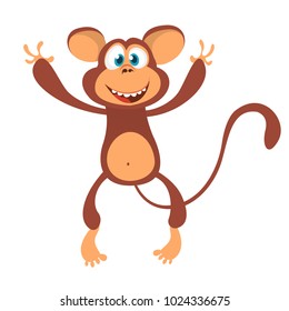 Cute cartoon monkey character icon. Chimpanzee mascot waving hand and presenting. Isolated on white background. Vector illustration