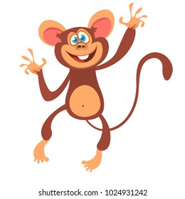 Cute cartoon monkey character icon. Chimpanzee mascot waving hand and presenting. Isolated on white background. Vector illustration