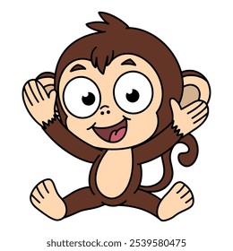 Cute cartoon monkey character sitting with arms raised and a cheerful expression. Ideal for children's products, educational materials, and playful designs, adding a fun, friendly vibe. Vector image.