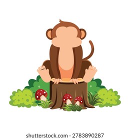 Cute Cartoon Monkey Character Sitting on Tree Stump in Green Bush Vector