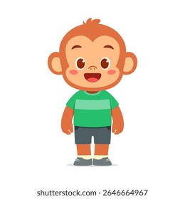 Cute Cartoon Monkey Character Standing with Smiling Face Expression on Isolated White Background