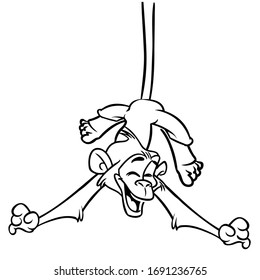 Cute cartoon monkey chimpanzee hanging down the tree. Vector illustration of a monkey outlines. Design for coloring book.