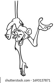 Cute cartoon monkey chimpanzee hanging down the tree. Vector illustration of a monkey outlines. Design for coloring book.