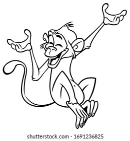 Un mono de caricatura chimpancé. Ilustración vectorial de los contornos de un mono. Diseño para colorear libro.