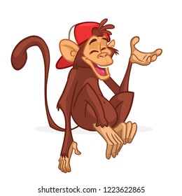 Cute cartoon monkey chimpanzee wearing hat. Vector illustration of a monkey