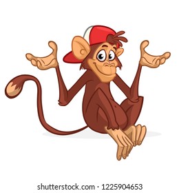 Cute cartoon monkey chimpanzee wearing hat. Vector illustration of a monkey