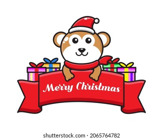 cute cartoon monkey with christmas greeting ribbon