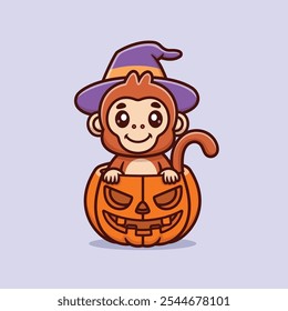 Mono lindo de la historieta que sube sosteniendo un icono de la Ilustración vectorial de Halloween de la calabaza, animales Días festivos Premium Vector, Días festivos estilo de la historieta