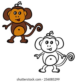 Cute cartoon monkey. Coloring book. Vector illustration