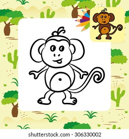 Cute cartoon monkey. Coloring page. Vector illustration