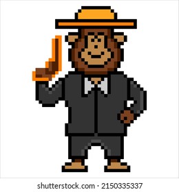 Cute cartoon monkey detective pixel art. Vector illustration. 