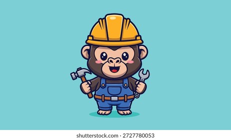 Un mono de dibujos animados lindo vestido como un trabajador de la construcción, con un sombrero duro amarillo y overoles azules, sosteniendo un martillo y una llave inglesa.