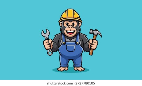 Un mono de dibujos animados lindo vestido como un trabajador de la construcción que sostiene una llave inglesa y un martillo.