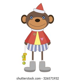  Cute cartoon monkey dressed in a suit of Santa Claus with Christmas toys. Monkey zodiac symbol.