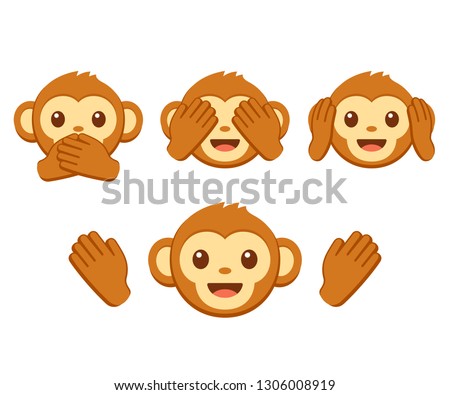 Cute cartoon monkey face emoji icon set. Three wise monkeys with hands covering eyes, ears and mouth: See no evil, hear no evil, speak no evil. Simple vector illustration.