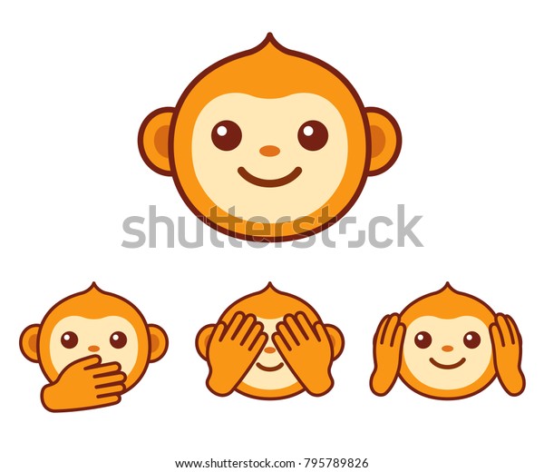かわいい漫画の猿の顔のアイコン 目 耳 口を手で覆う賢い猿3匹 悪を見るな 悪を聞くな 悪を言うな 簡単なベクター絵文字イラスト のベクター画像素材 ロイヤリティフリー