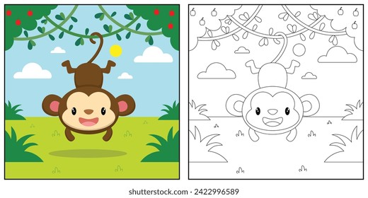 cute cartoon monkey, funny illustration, coloring book for kids and children.