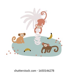 Cute cartoon monkey gang vector childish illustration. Funny monkey animals on the palm with bananas.