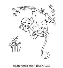 Un mono de caricatura lindo colgando del bambú para colorear página o libro. Vector blanco y negro 10 ilustración EPS de carácter animal.