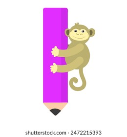 Cute cartoon monkey hanging in a pencil illustration