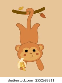 Cute Cartoon Monkey Hanging Upside Down Eating Banana