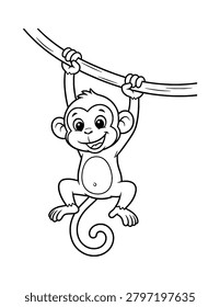 Cute Cartoon Monkey Hanging from a Vine Coloring Page for Kids. Simple Jungle Animal Outline Illustration for Children.