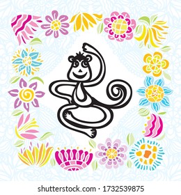 Cute cartoon monkey. Happy birthday greeting card. Vector illustration