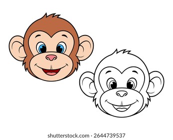 Cute cartoon monkey head illustration, with one colored version and one black and white outline. Ideal for animal themes or coloring pages.