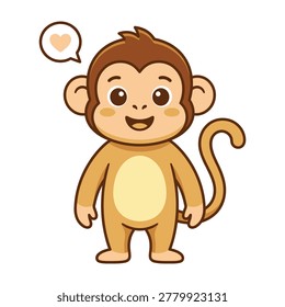 A cute cartoon monkey with a heart speech bubble smiling and looking happy and friendly