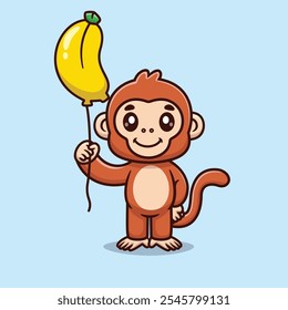 Cute Cartoon Monkey Holding Banana Balloon Vector Icon Illustration. Animal Holiday Icon Concept Isolated Premium Vector. Animals Cartoon Style