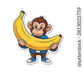 Cute Cartoon Monkey Holding Giant Yellow Banana Vector Sticker Illustration