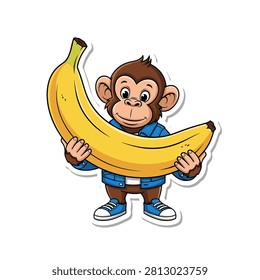 Cute Cartoon Monkey Holding Giant Yellow Banana Vector Sticker Illustration Cute Cartoon Monkey Holding Giant Yellow Banana Vector Sticker Illustration