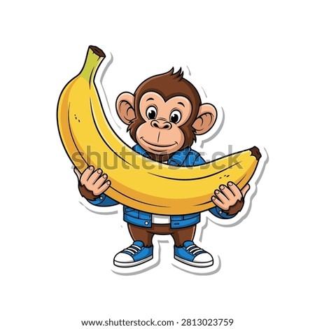Cute Cartoon Monkey Holding Giant Yellow Banana Vector Sticker Illustration