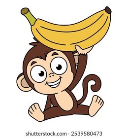 Cute cartoon monkey holding a large banana above its head, smiling cheerfully. Ideal for playful and kid friendly designs, perfect for educational content, childrens products, or fun projects. Vector.