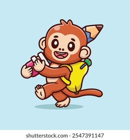 Cute Cartoon Monkey Holding Pencil And Banana Bag Vector Icon Illustration. Animal Education Icon Concept Isolated Premium Vector. Education Cartoon Style