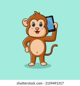 Cute cartoon monkey holding phone. Vector illustration