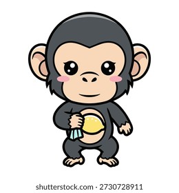 Netter Cartoon Affe, der eine gelbe Banane mit einem blauen Blatt Baby schwarzes Fell hält