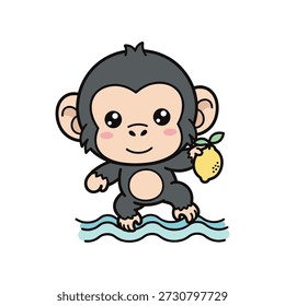 Netter Cartoon-Affe, der eine gelbe Frucht in der Nähe von Wasser hält
