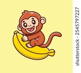 Cute Cartoon Monkey Hug Banana Vector Icon Illustration. Animal Food Icon Concept Isolated Premium Vector. Animals Cartoon Style